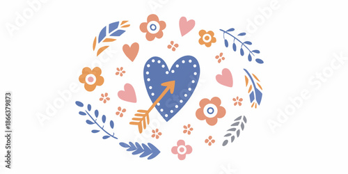 Floral wreath illustration featuring a heart pierced by an arrow design