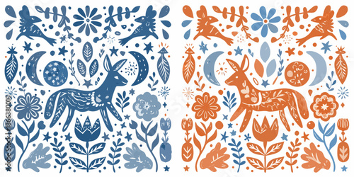 Folk art illustration featuring deer rabbits and floral patterns in blue and orange