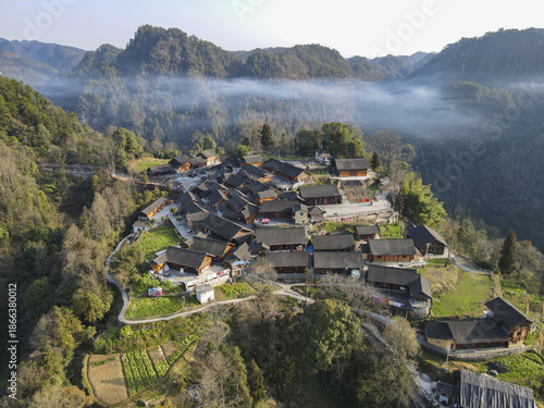 Wallpaper Mural Shibadong Village Xiangxi Hunan - Aerial Mountain Landscape with Traditional Architecture Torontodigital.ca