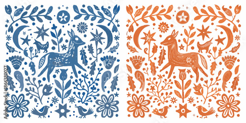 Stylized floral and animal illustrations featuring deer birds and botanical elements
