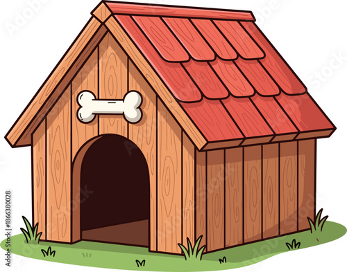 Wooden dog house illustration with red tiled roof and bone sign isolated on white background for pet care and animal shelter