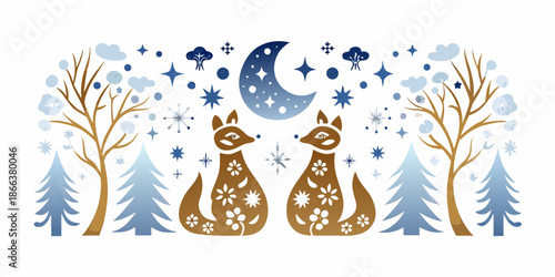 Winter scene with two foxes crescent moon and snowy trees