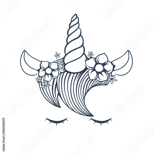 a unicorn with a spiral horn, flowers and closed eyes