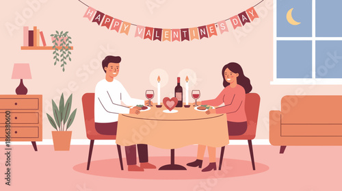 Couple celebrating new year's eve with dinner and wine