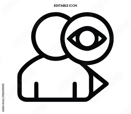 A black and white line icon depicting a person viewed through a magnifying glass focused on the eye