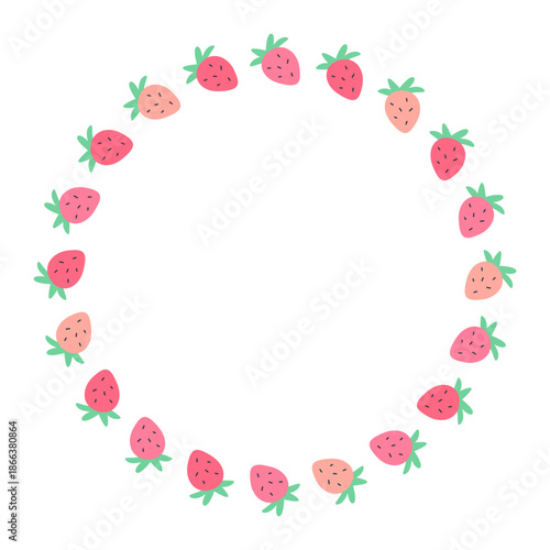 Round vector frame made of cute pink strawberries. Berry frame design. Vector illustration. Decorative food template