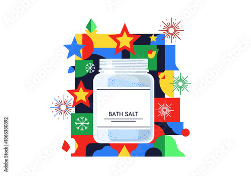 Bath salt jar with colorful geometric background and festive elements  