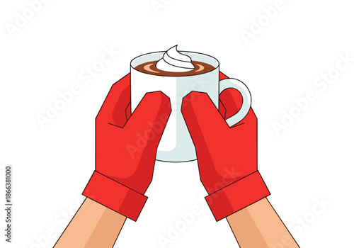 Person holding cup of hot cocoa with whipped cream in red gloves  
