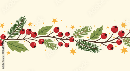 Festive Christmas or winter seamless border with red holly berries, pine branches, leaves, and golden stars on a light background.