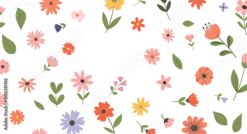 Bright and cheerful floral background with a scattered pattern of colorful hand-drawn flowers creating a beautiful empty frame.