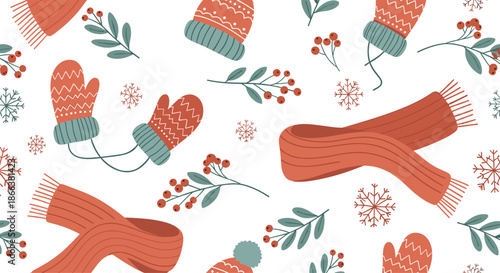 Cozy winter seamless pattern with cute hand-drawn mittens, scarves, hats, berry branches, and snowflakes on a white background.