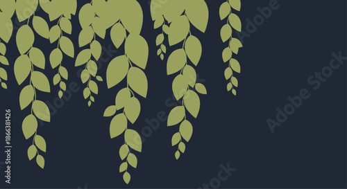 Elegant and serene background featuring cascading green leaves or vines against a solid, dark navy blue for a moody, natural feel.