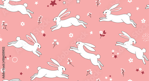 Adorable seamless pattern of cute white rabbits hopping among flowers and stars on a lovely soft pink background for children.