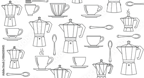 Seamless line art pattern of coffee-making elements, including moka pots, cups, and spoons, for a minimalist cafe-themed design.