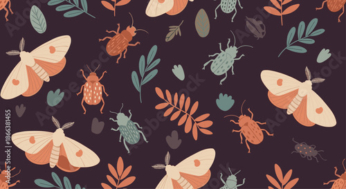 Charming seamless pattern of illustrated moths, beetles, and other insects with leaves on a dark, moody purple-brown background.