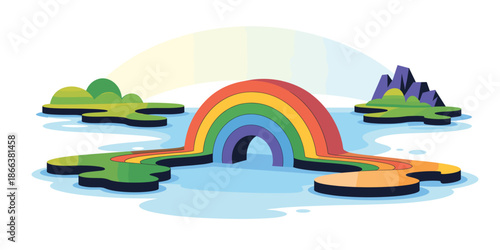 A colorful rainbow bridge connecting islands in a serene landscape