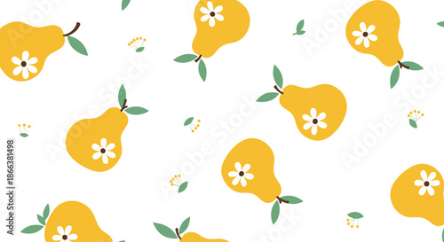 Cute and seamless summer fruit pattern featuring stylized yellow pears with little white flowers scattered on a white background.