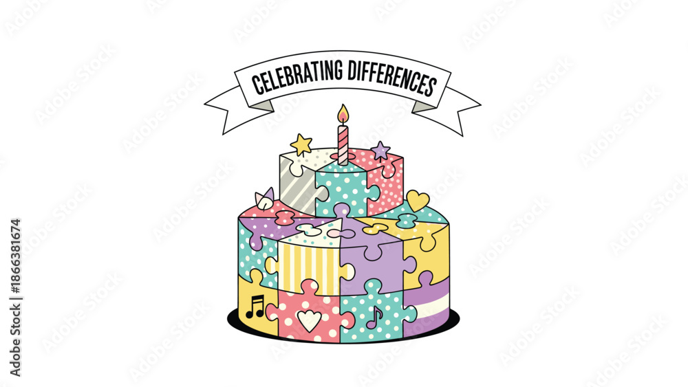 Obraz premium A colorful vector graphic illustration of a puzzle cake celebrating differences with a banner