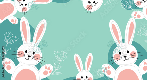 Cute Easter-themed background frame with happy cartoon bunnies and line art tulips on a pleasant pastel green background.