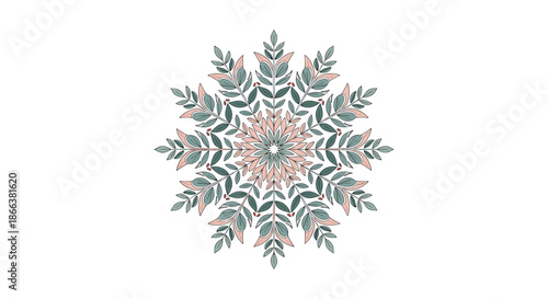 Intricate circular mandala design made of delicate leaves and berries in muted shades of pink and green, resembling a snowflake.