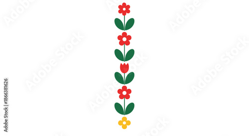 Simple and minimalist vertical border of stylized folk art flowers in classic red, yellow, and green on a white background.