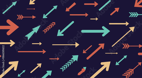 Dynamic seamless pattern of colorful, hand-drawn arrows in various styles and directions on a dark, navy blue background.
