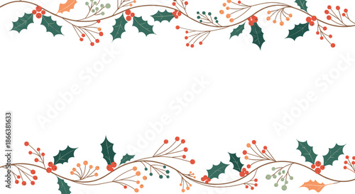 Festive Christmas or winter seamless border with hand-drawn holly branches and colorful berries creating a beautiful double frame.