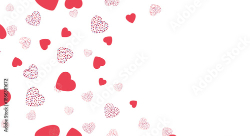 Romantic background design with a cascade of red and dotted hearts on the left side, leaving ample white copy space on the right.
