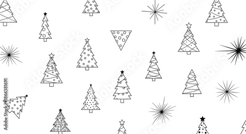 Minimalist black and white seamless Christmas pattern with various decorated trees and starbursts in a simple line art style.