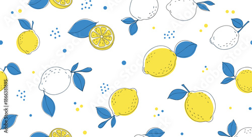 Fresh and playful seamless pattern of hand-drawn yellow lemons with bright blue leaves and dots on a clean white background.