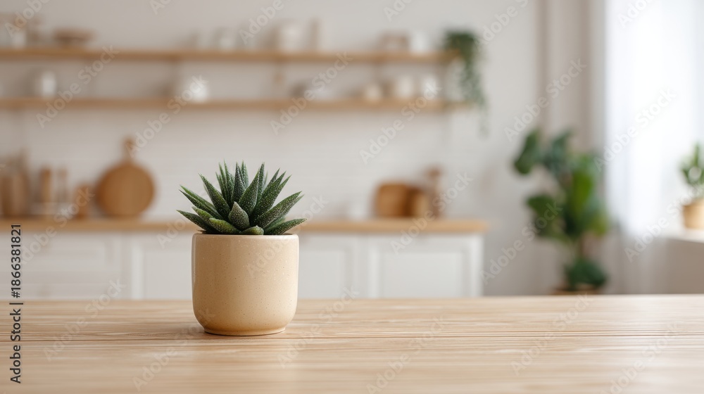 Fototapeta premium Cozy Scandinavian Home Interior with Blurred Background, Featuring Decorative Plant on Wooden Kitchen Table and Minimalist Design Elements