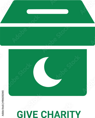Ramadan Charity Donation Box Vector Icon – Islamic Zakat, Green Crescent Symbol, Giving Concept