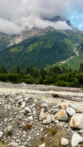 Mystical mist shrouds craggy peaks above verdant pines, Earth Day reflections, whispered ancient lore of alpine sanctuaries