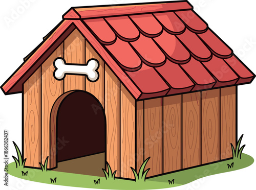 Wooden Dog House Illustration with Red Roof and Bone Decor Isolated on Grass for Pet Care and Animal Shelter Design