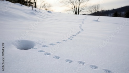 Wallpaper Mural Animal tracks snow meander across pristine white winter landscape, leading toward small burrow. Visible animal tracks snow highlight wildlife presence in remote wilderness, showing natural activity. Torontodigital.ca