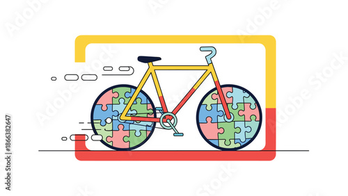 A colorful vector graphic of a bicycle with puzzle piece wheels, symbolizing unity and diversity in transportation