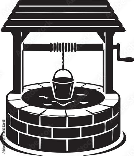 Black Silhouette of a Traditional Stone Water Well with Bucket, Rustic Rural Life Icon and Symbol of Charity