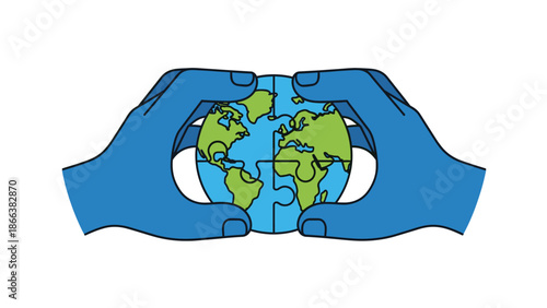 A vector graphic illustration of two hands holding a puzzle globe