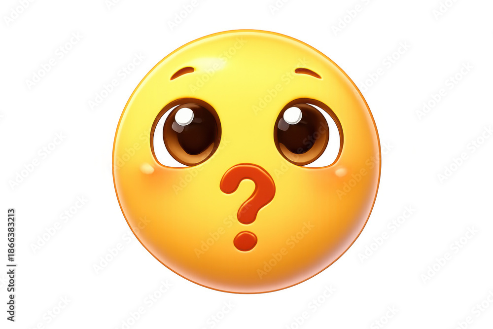 Fototapeta premium Yellow emoji face expressing confusion, questioning, doubt, and curiosity, with a red question mark for a mouth
