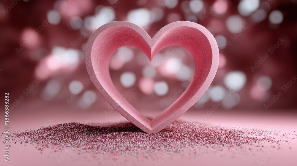 Fototapeta premium A stunning pink heart sculpture stands proud in the center, sprinkled with shimmering glitter. This festive scene radiates love and joy, perfect for a celebration