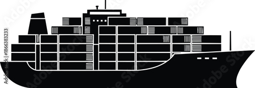 Cargo container ship silhouette with stacked freight boxes maritime transportation and global shipping concept isolated on white background vector illustration