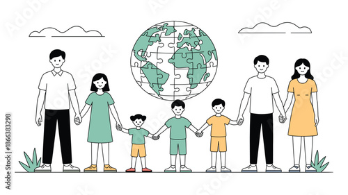 A vector graphic illustration of a diverse family holding hands around the Earth