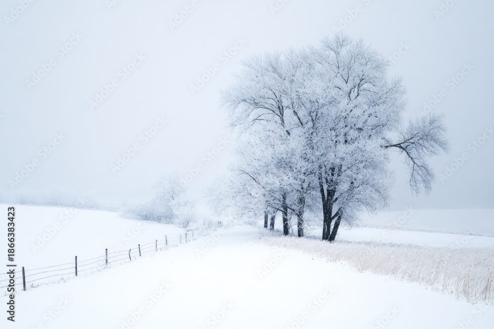 Fototapeta premium winter landscape. Snow covered field in countryside and lonely trees covered with snow in the middle. Winter in Russia