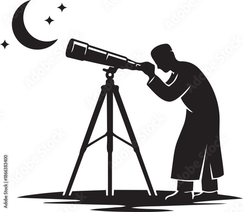 Man Looking Through Telescope to Sight the New Crescent Moon Silhouette