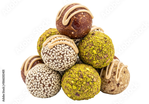 assorted chocolate truffles with sesame and pistachio coatings on white background