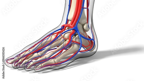 Detailed 3D Medical Illustration of Human Foot Anatomy: Skeletal Structure, Arterial (Red) and Venous (Blue) Circulatory System on White Background.