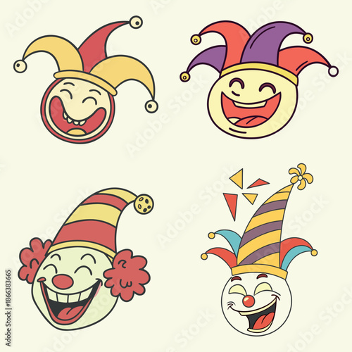 Cheerful cartoon jester and clown faces laughing joyfully in a playful illustration