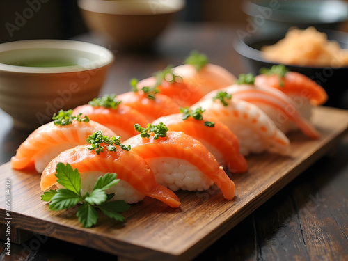 sushi with salmon and wasabi