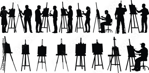 Artist silhouette illustration, painting on easel, creative activity, art studio scene, black vector, drawing posture, artistic expression