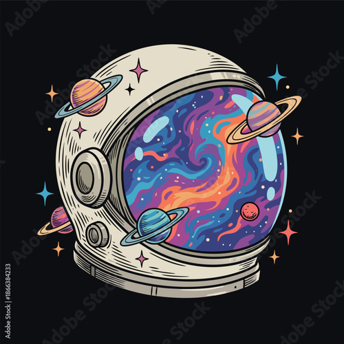 Astronaut helmet reflecting colorful galaxy and planets.